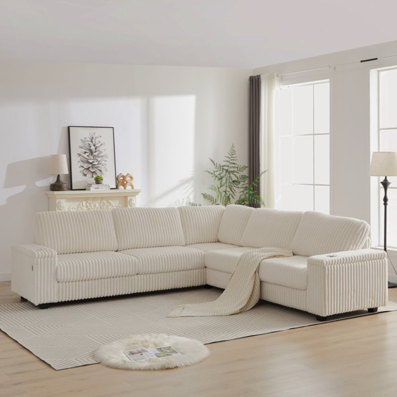 110-Inch Oversized Corduroy Corner Sofa,L Shaped Corner Couch with Two Storage Spaces,USB Port & T-pyce Port and Cup-holder , Deep Seat Comfy